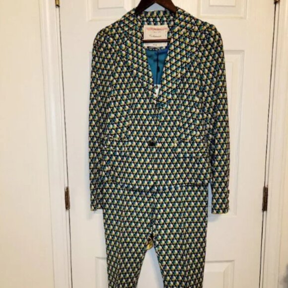 Anthropologie Cartonnier 2PC Limited Edition Green/White Geometric Print Suit, B - Picture 1 of 3